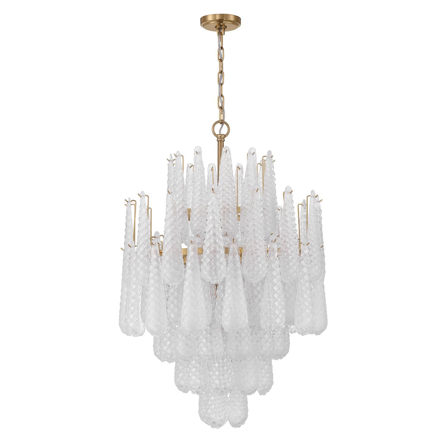 Shown in Aged Brass finish and Sand Clear glass